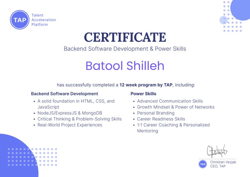 TAP Certificate
